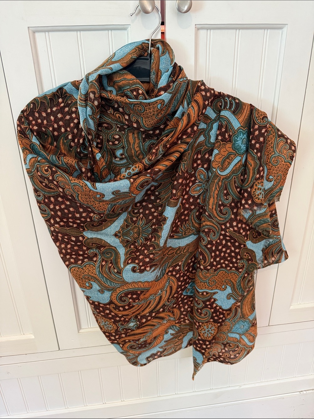 J McLaughlin Blue and Brown Wool Paisley Scarf Wrap
